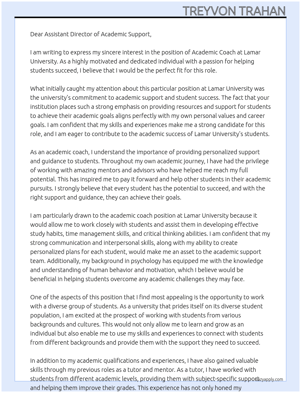 Academic Coach At Lamar University Cover Letter