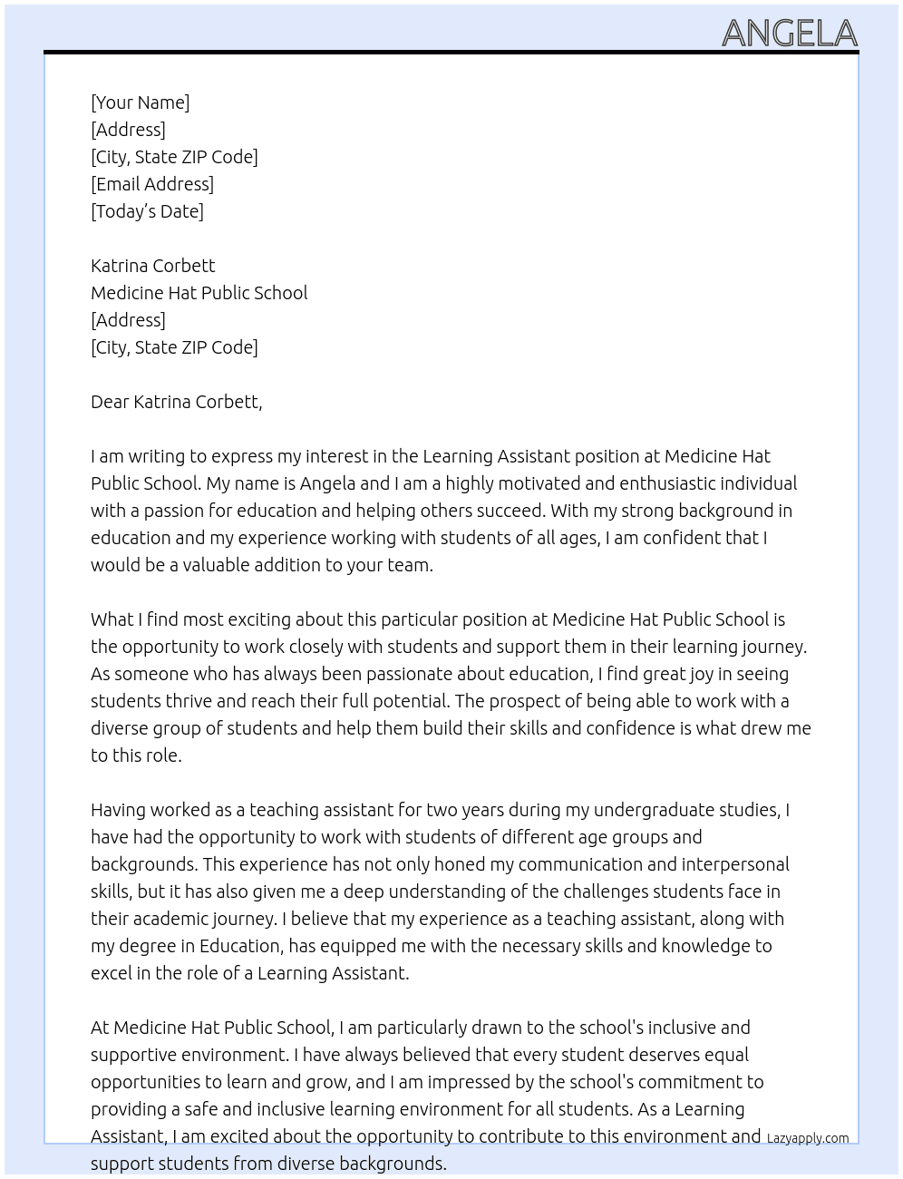 Learning assistant At Medicine Hat public school Cover Letter