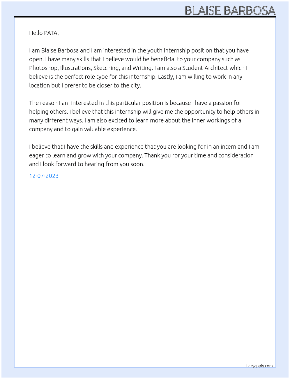youth internship At PATA Cover Letter