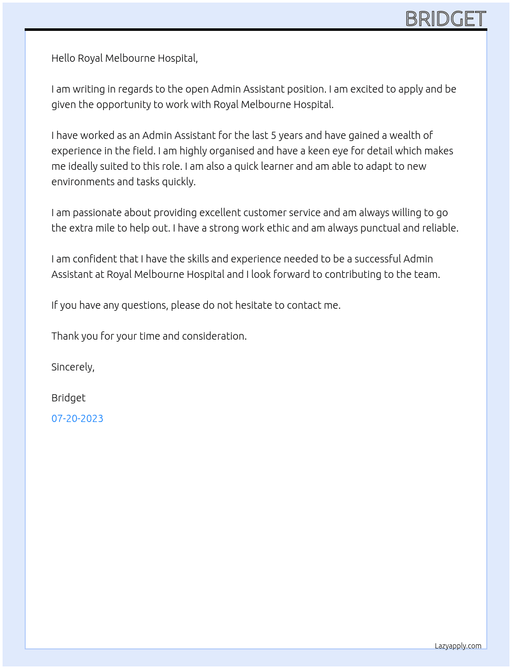 admin assistant At Royal melbourne Hospital Cover Letter