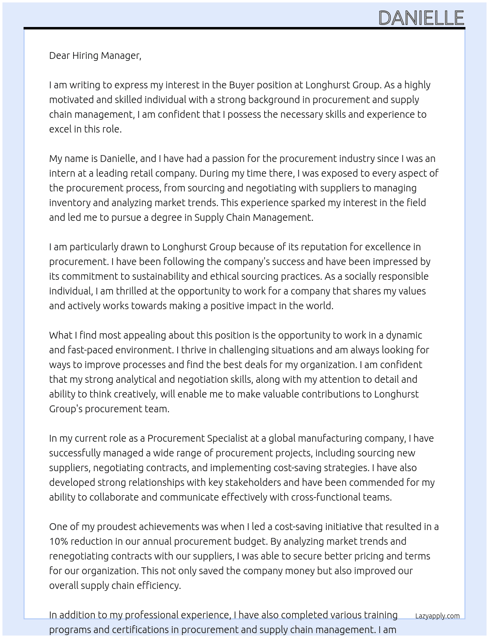 Buyer At Longhurst Group Cover Letter