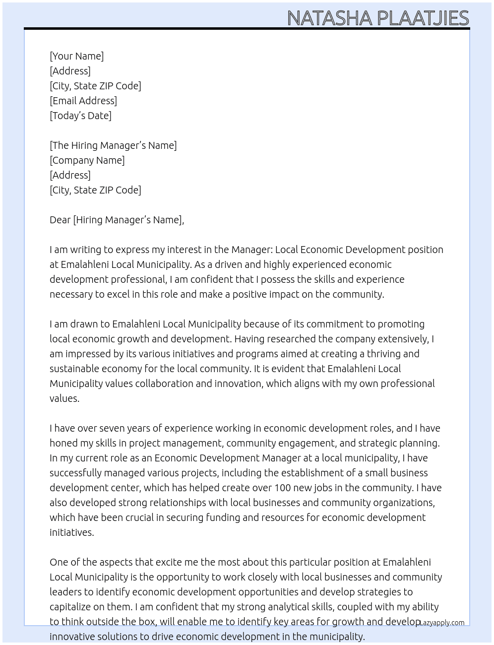 Manager: Local Economic Development At Emalahleni Local Municipality Cover Letter