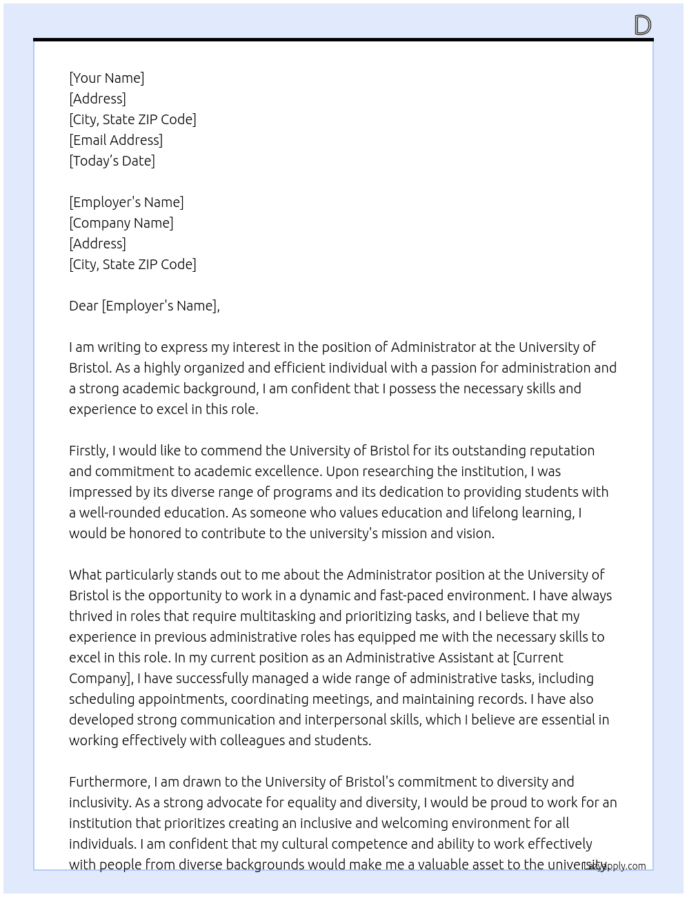 Administrator At University of Bristol Cover Letter