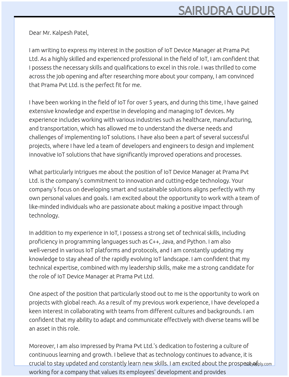 iot device manager At prama pvt lmtd Cover Letter