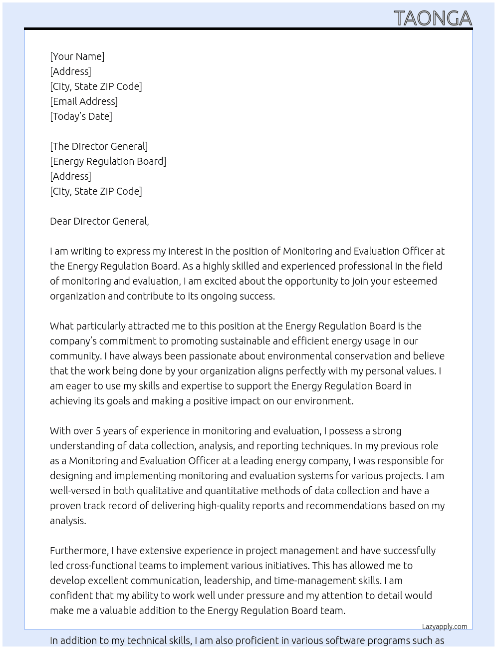 Monitoring and Evaluation Officers  At Energy Regulation Board Cover Letter