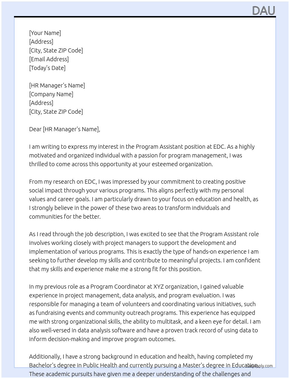 Program assistant At EDC Cover Letter