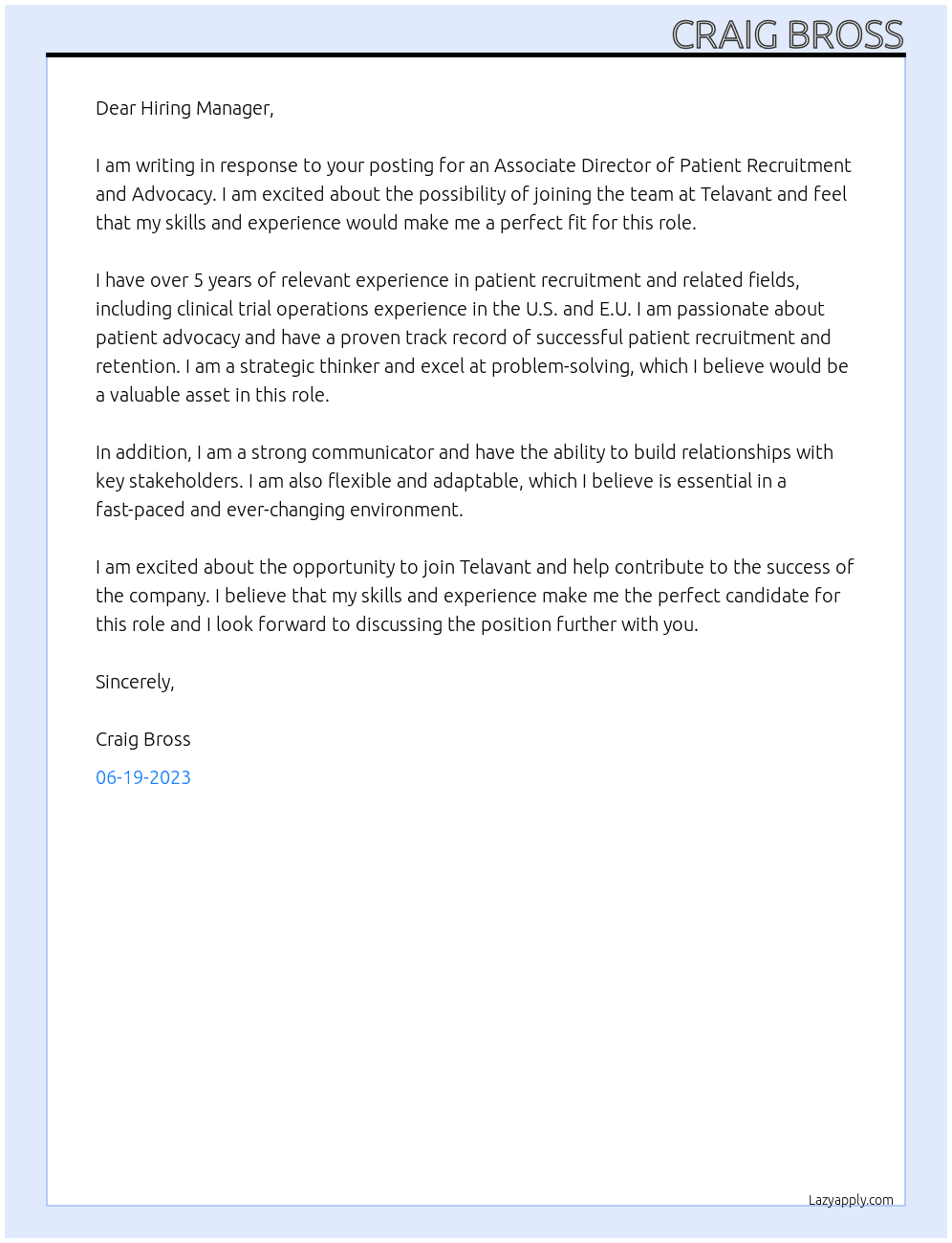 Associate Director - Patient Recruitment and Advocacy At Telavant Cover Letter