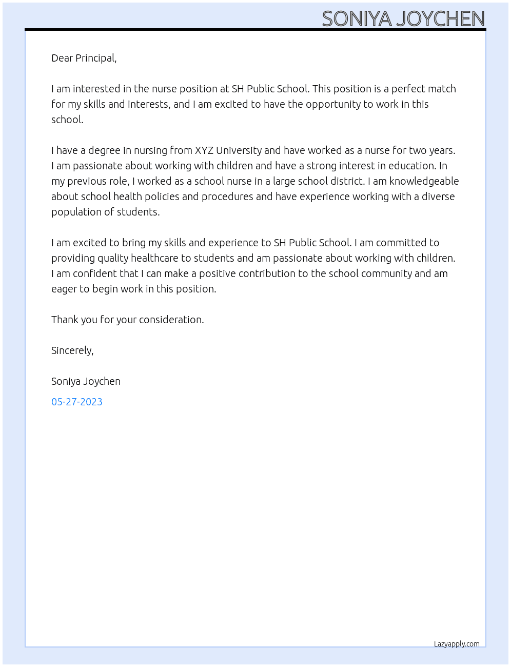 Nurse At SH Public School Cover Letter