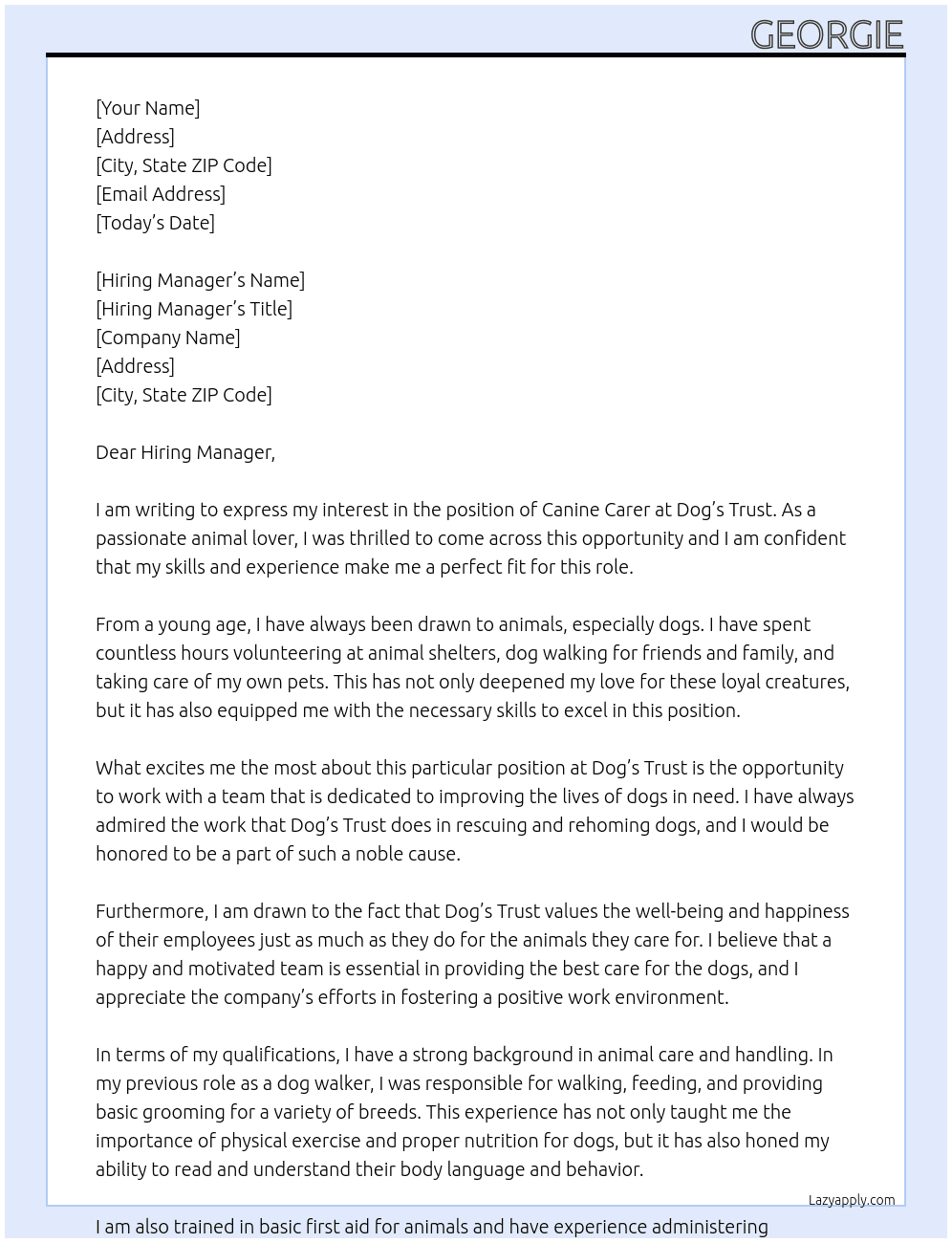Canine Carer At Dog's Trust Cover Letter