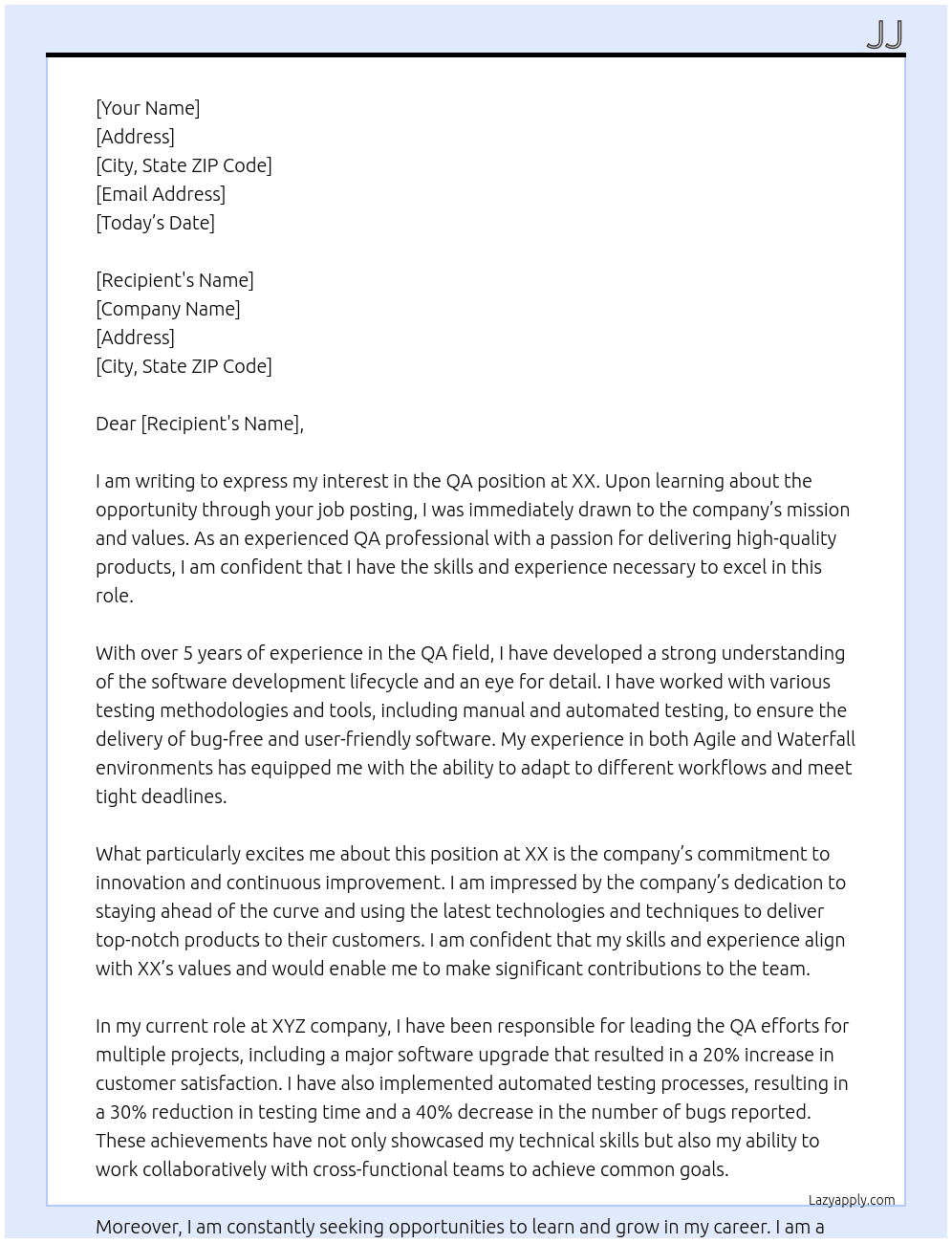 QA At xx Cover Letter