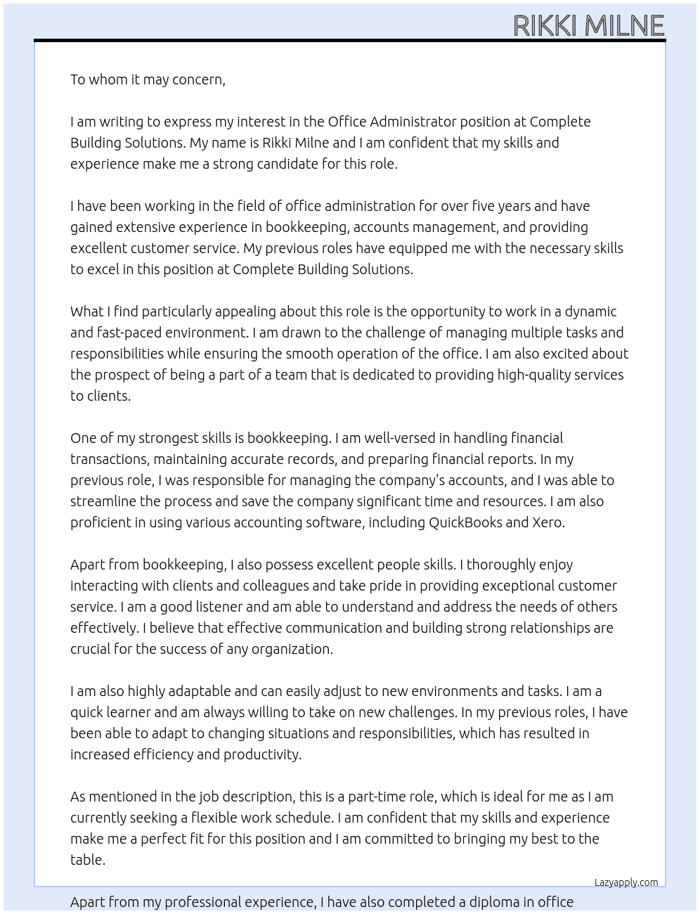 Office Administrator At Complete Building Solutions Cover Letter