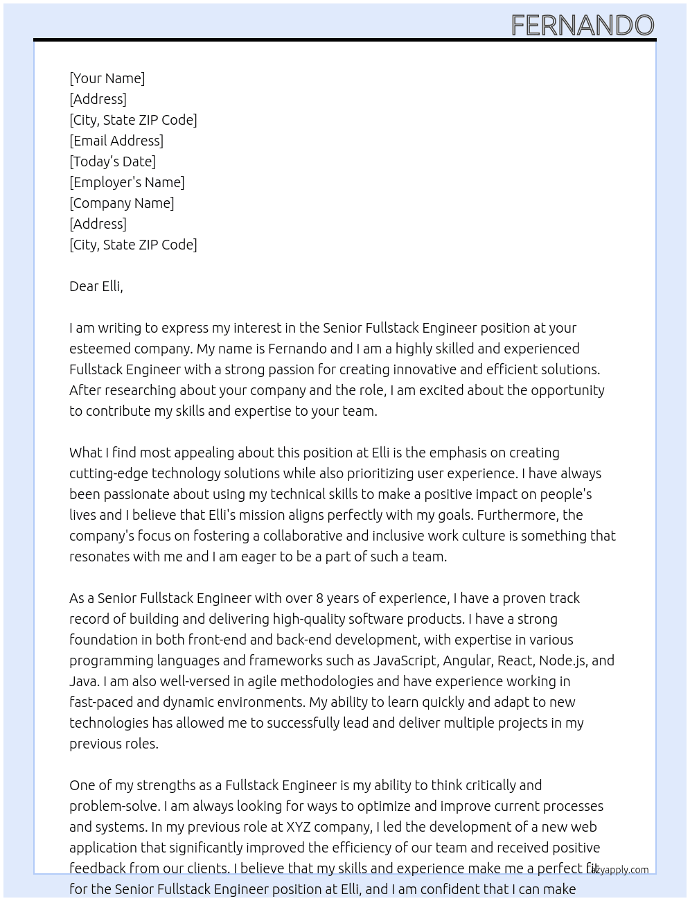 Senior Fullstack Engineer At Elli Cover Letter