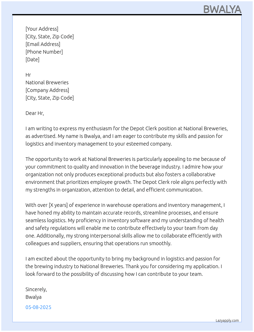 Depot clerk At National brewarei Cover Letter