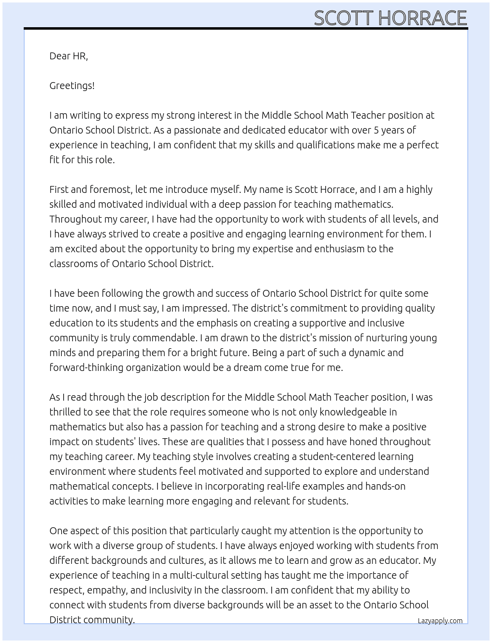 Middle school math teacher  At Ontario school district Cover Letter
