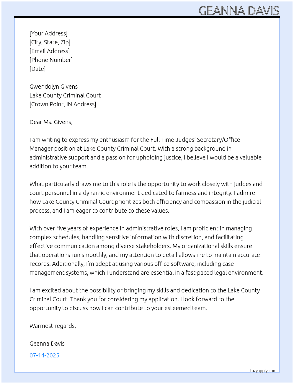 FULL-TIME JUDGES’ SECRETARY/OFFICE MANAGER At Lake County Criminal Court Cover Letter