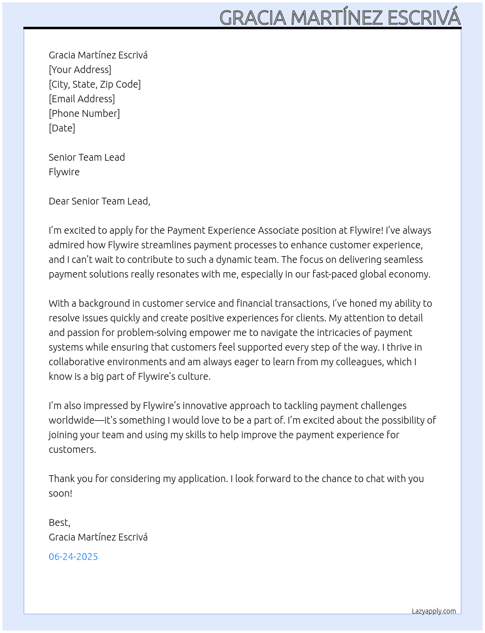Payment Experience Associate At flywire Cover Letter