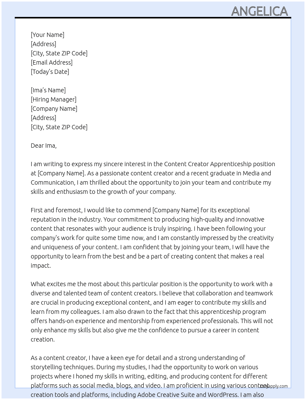 Content creator apprenticeship  At Ima  Cover Letter