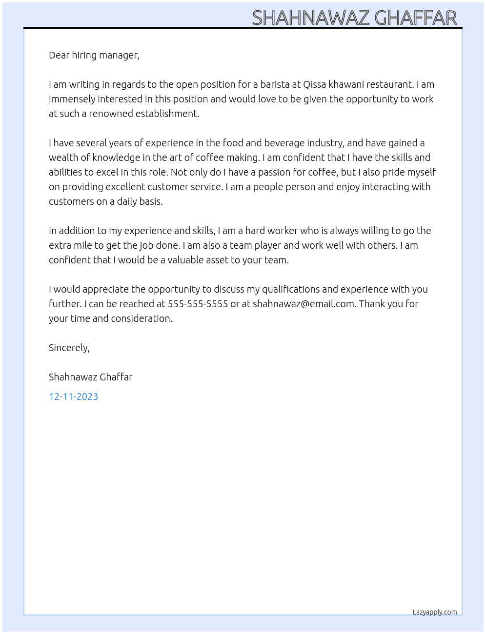 Barista  At Bank account  Cover Letter