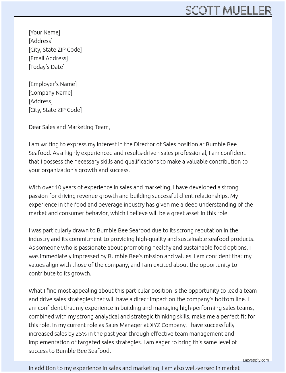 Director od Sales  At Bumble Bee Seafood Cover Letter