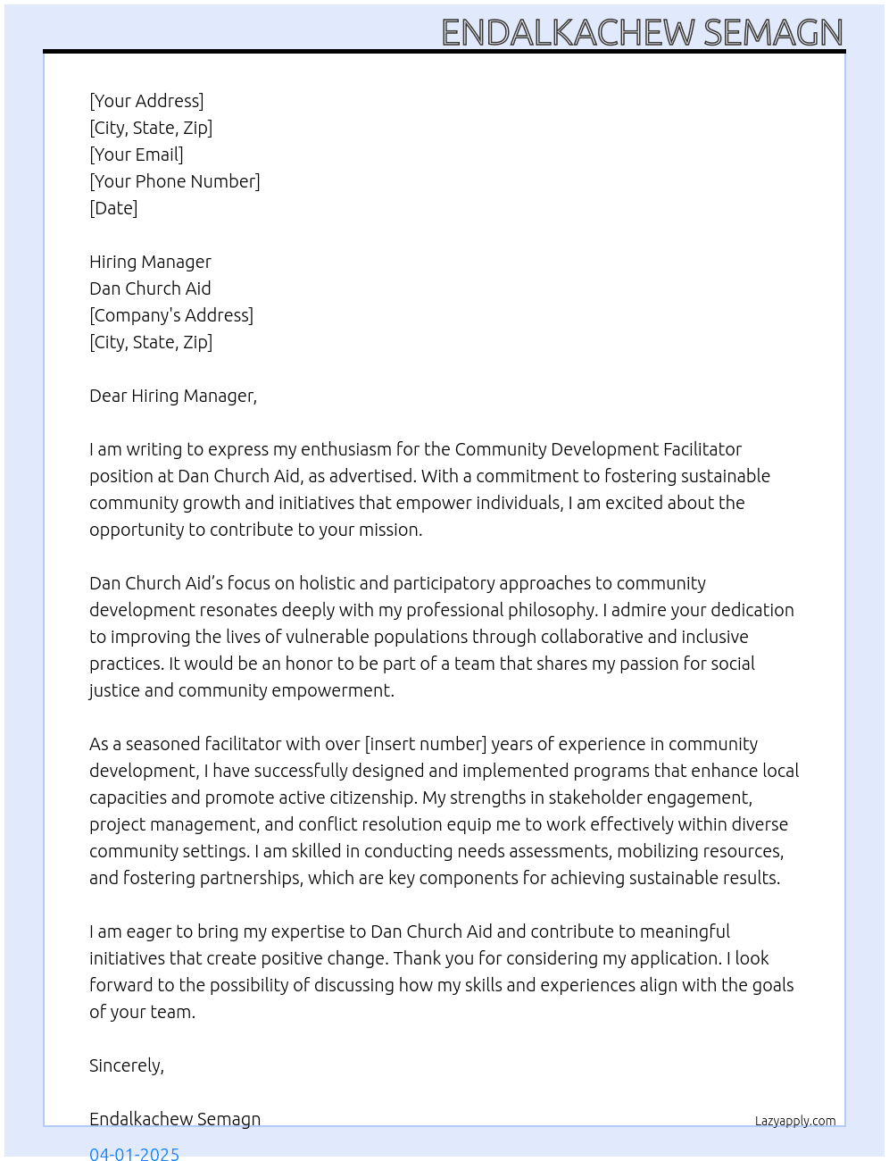 Community Development Facilitator At Dan Church Aid Cover Letter