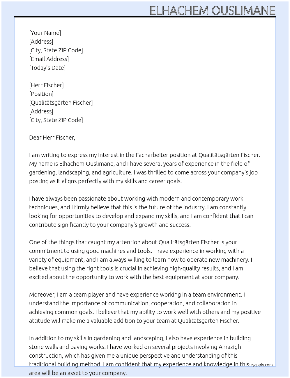 Facharbeiter At Qualitätsgärten Fischer Cover Letter