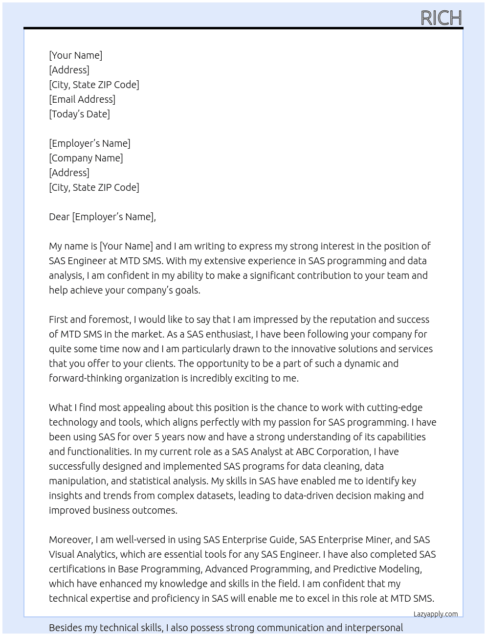 SAS Engineer At MTD SMS Cover Letter