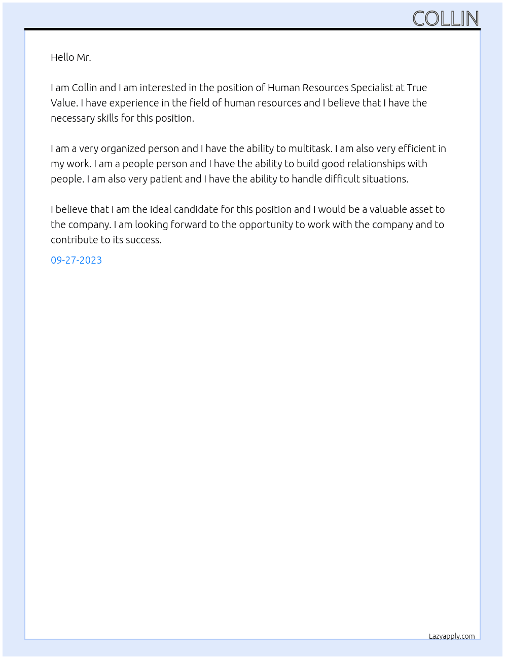 Human Resources Specialist At True Value  Cover Letter