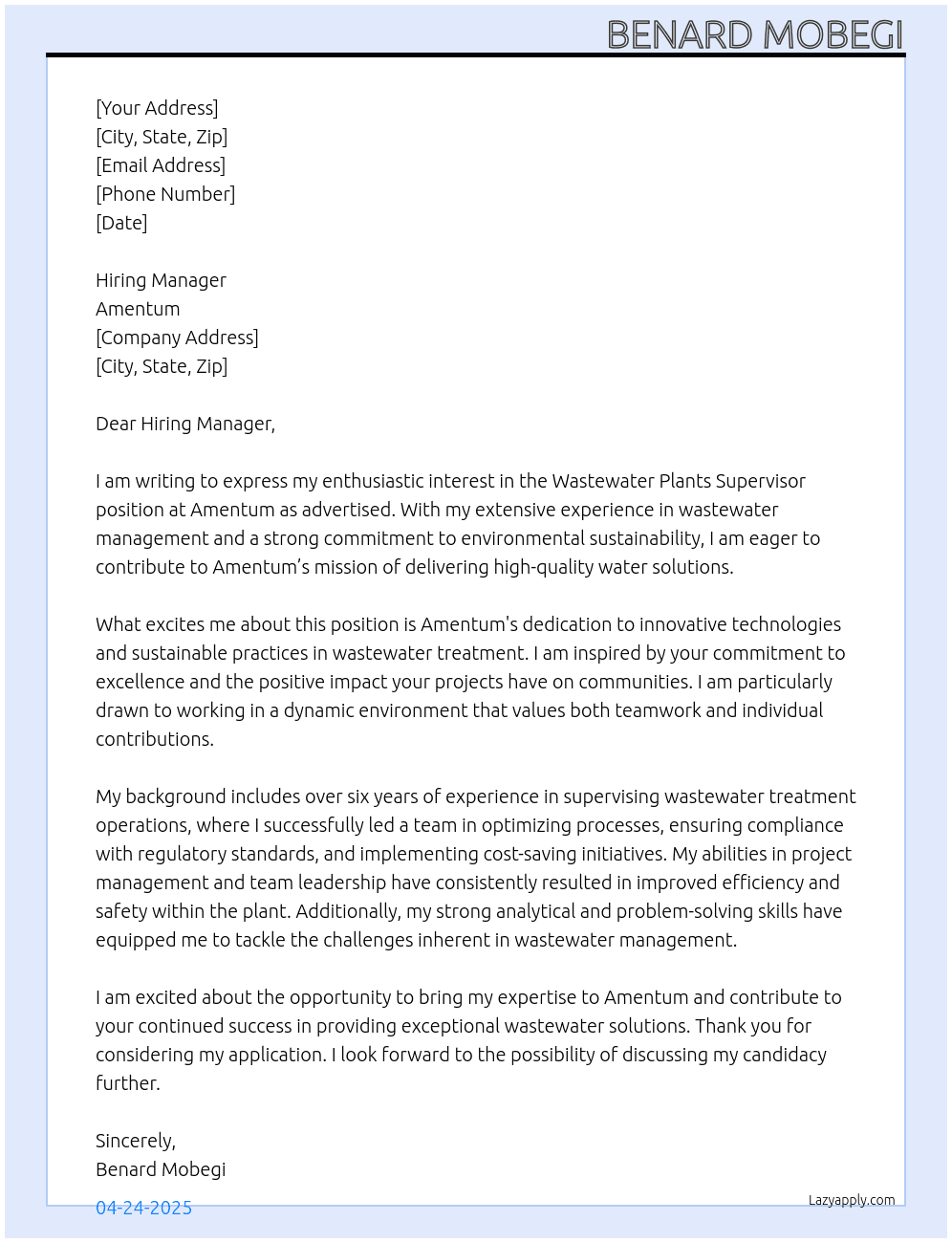 Wastewater Plants Supervisor At Amentum Cover Letter