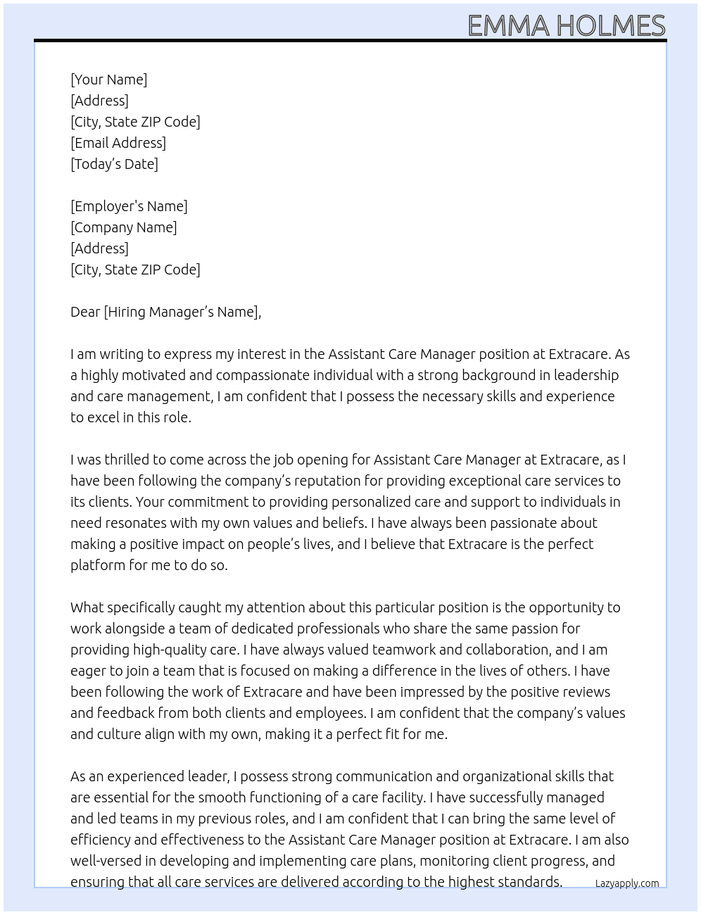 Assistant care manager  At Extracare Cover Letter