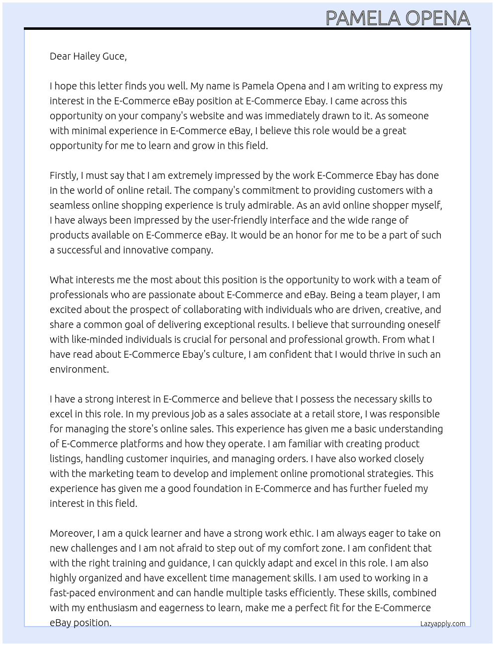 E-Commerce eBay minimal experience At E-Commerce Ebay Cover Letter