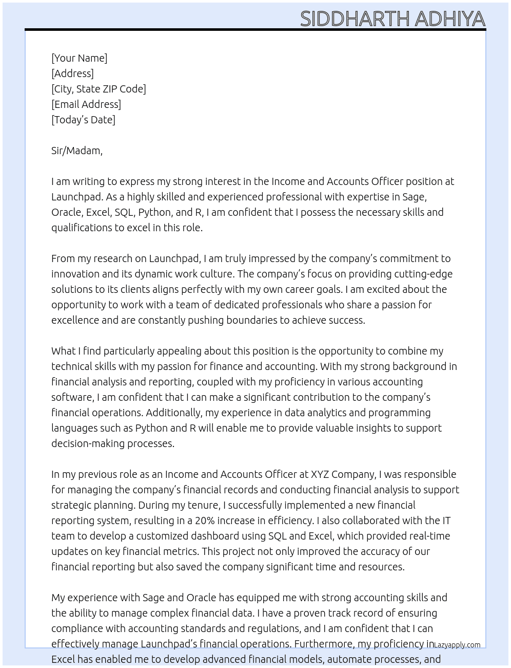 Income and Accounts Officer At Launchpad Cover Letter