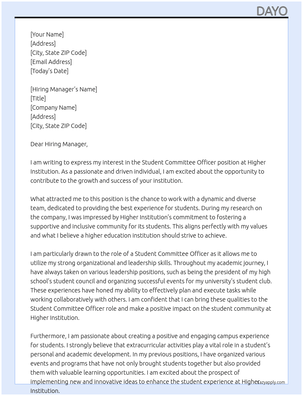Student committee officer  At Higher institution Cover Letter