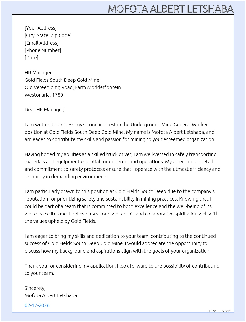 Underground mine general worker At Gold Fields South Deep Gold mine Cover Letter