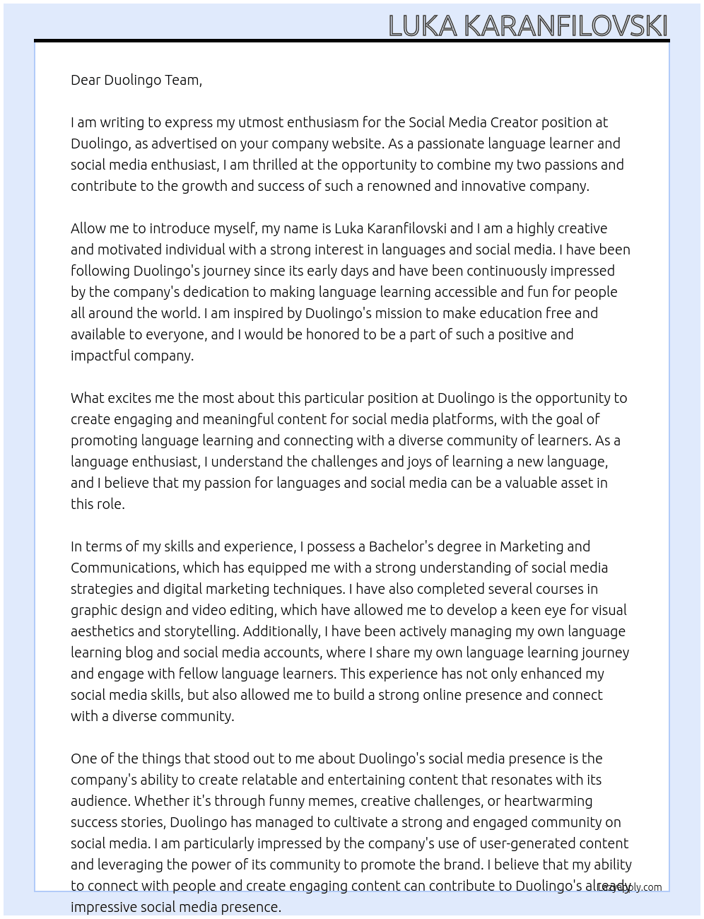 Social media creator At Duolingo Cover Letter