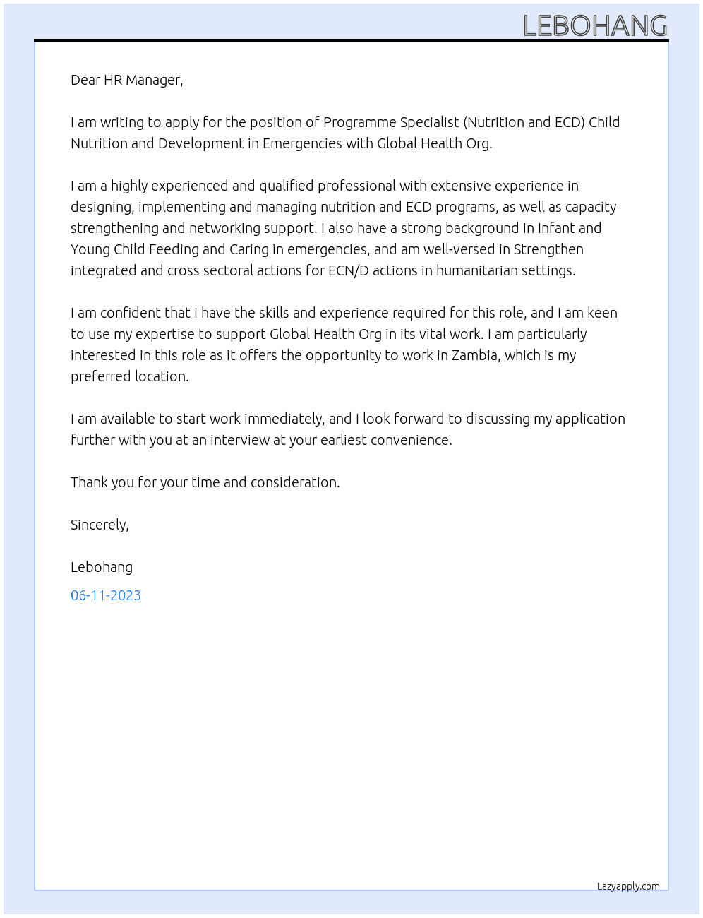 Programme Specialist (Nutrition and ECD) Child Nutrition and Development in Emergencies At Global Health Org Cover Letter