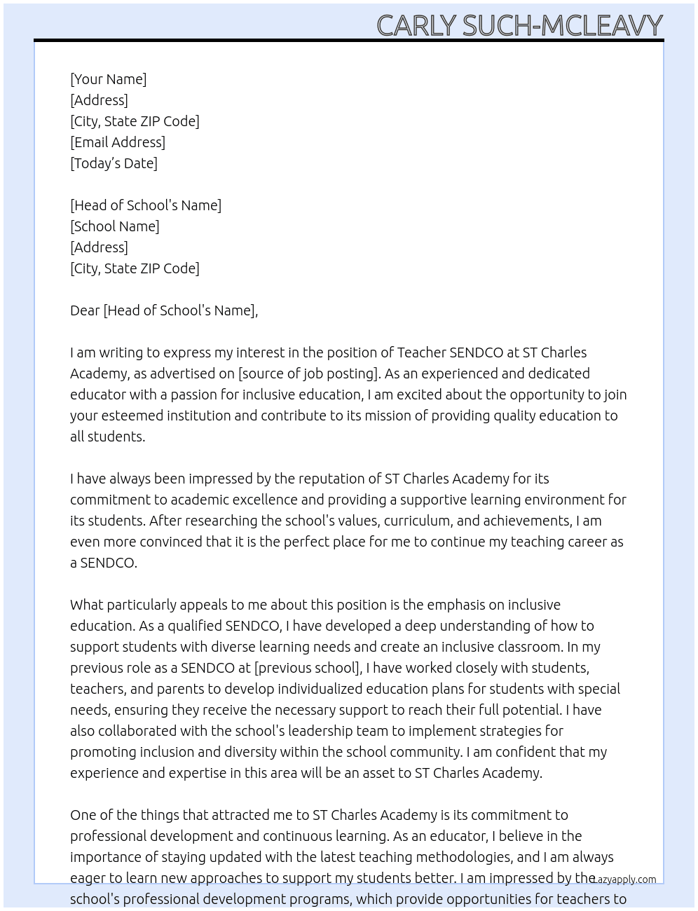 Teacher SENDCO At ST Charles Academy  Cover Letter
