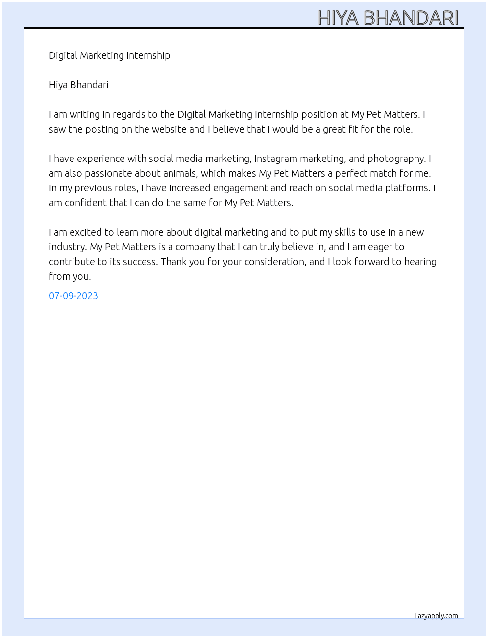 Digital marketing  At My pet matters Cover Letter