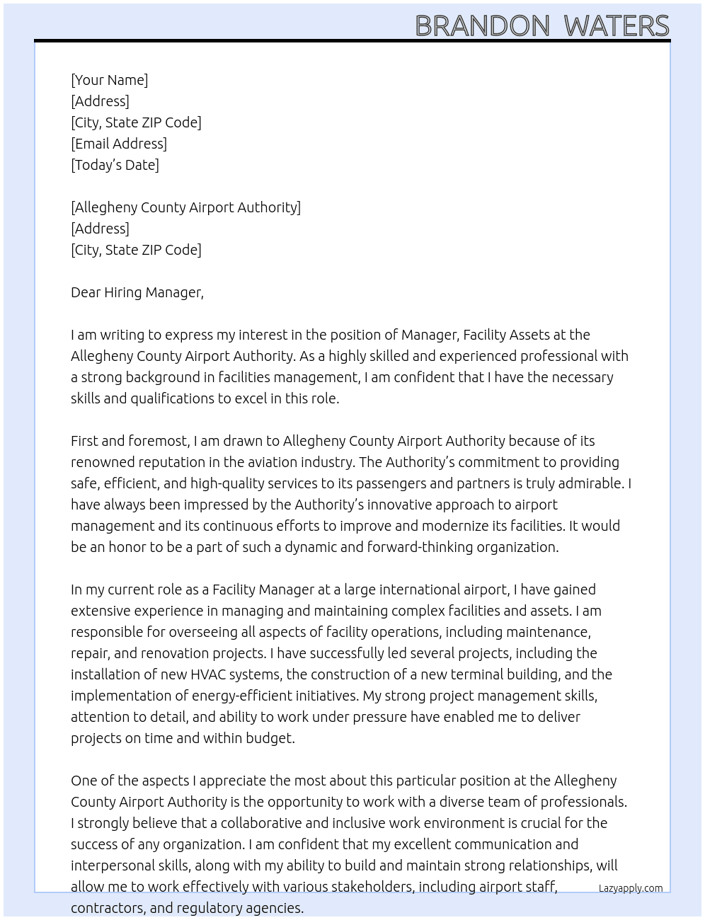 Manager, Facility Assets At Allegheny County Airport Authority Cover Letter