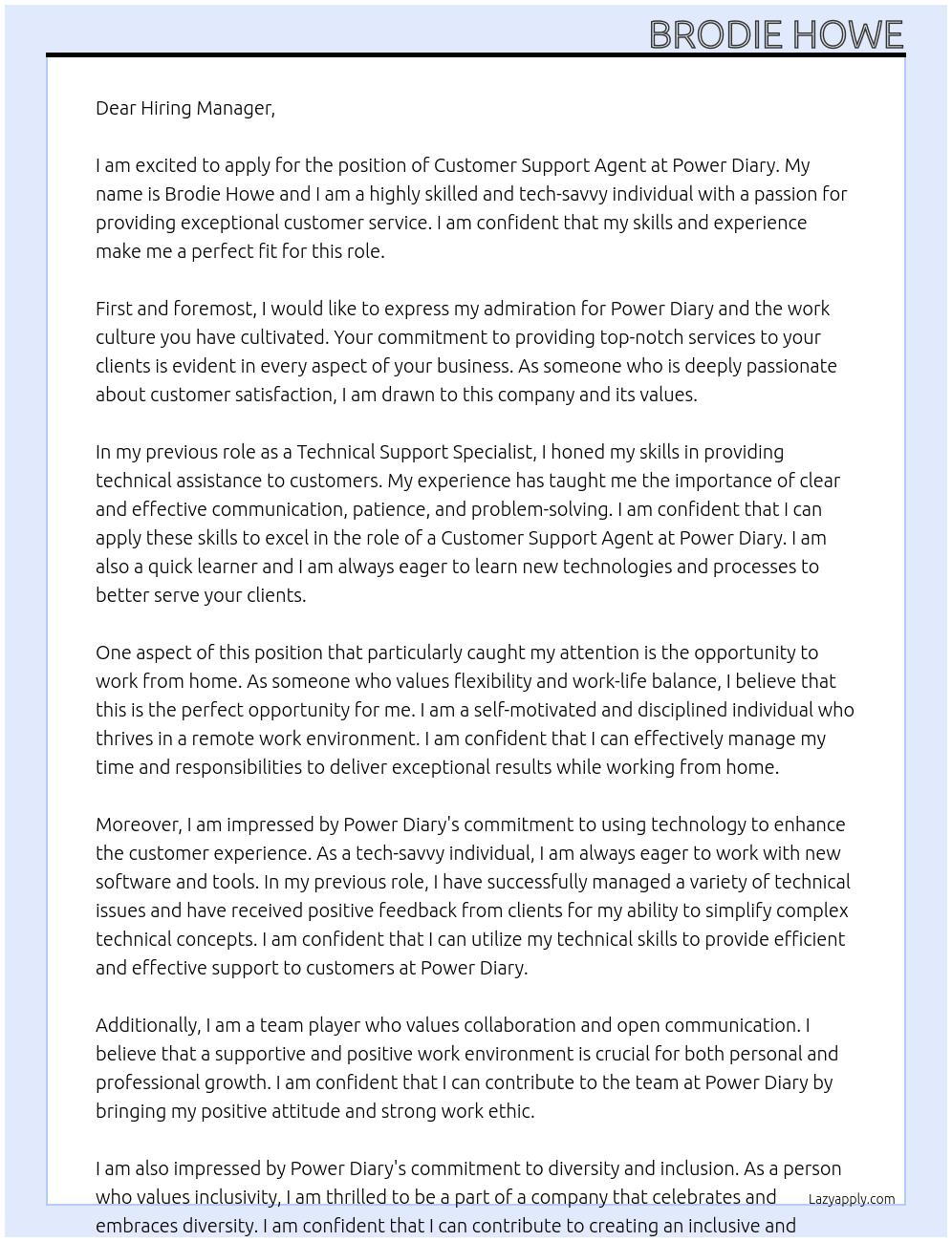 Customer Support Agent (WFH) At Power Diary Cover Letter