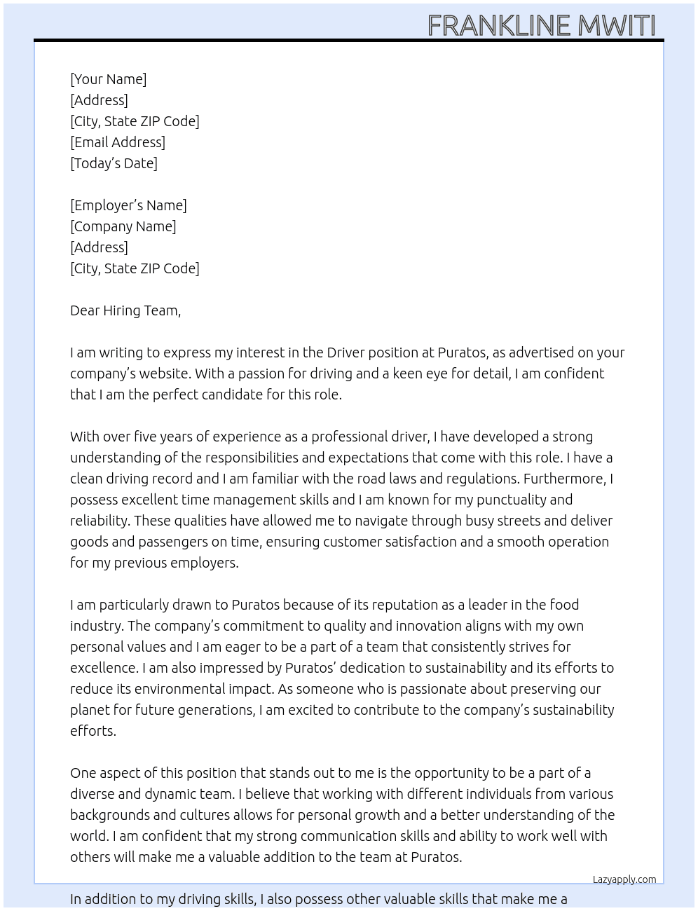 Driver  At Puratos  Cover Letter