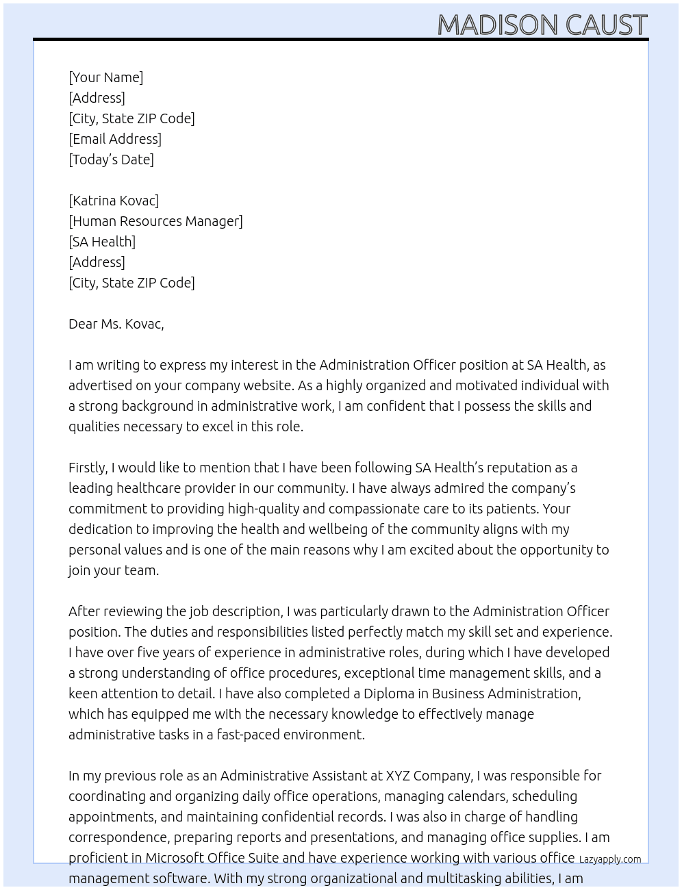 administration officer At SA Health  Cover Letter