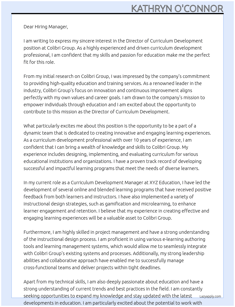 Director of Curriculum Development At Colibri Group Cover Letter