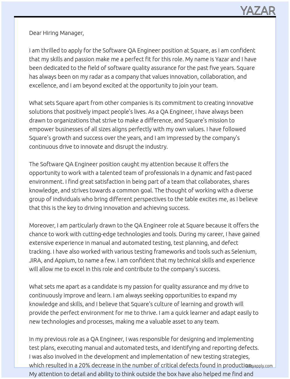 Software QA Engineer At Square Cover Letter