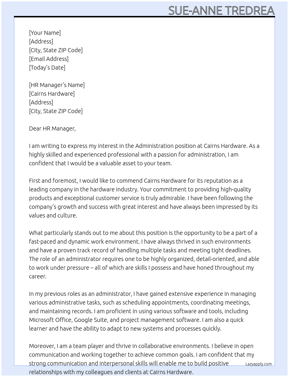 Administration  At Cairns Hardware Cover Letter