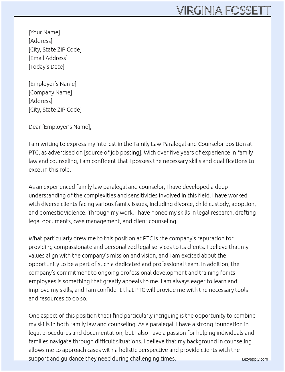 Family Law Paralegal and Counselor At PTC Cover Letter