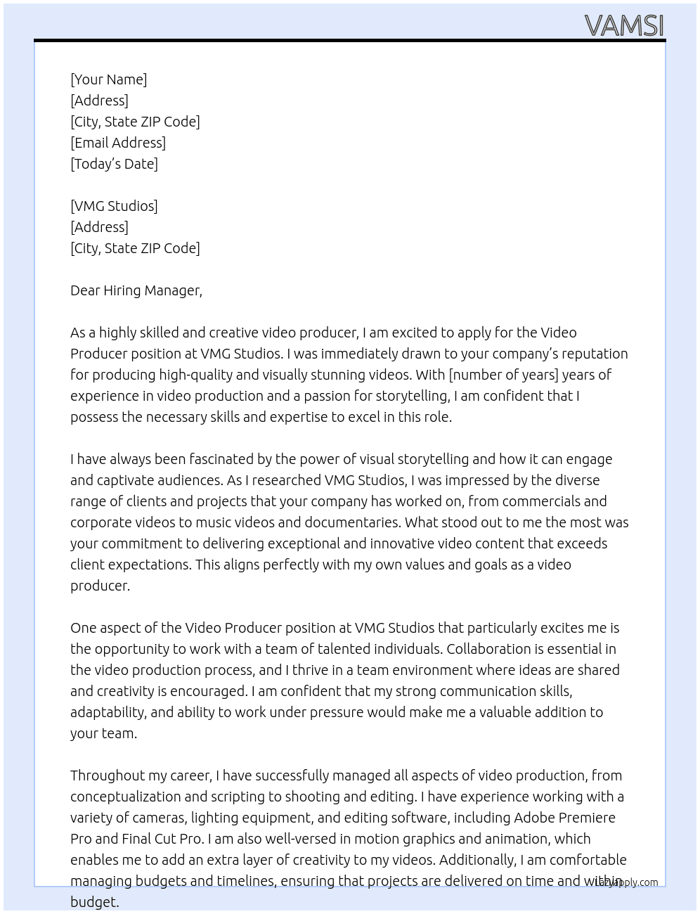 Video Producer At VMG Studios Cover Letter