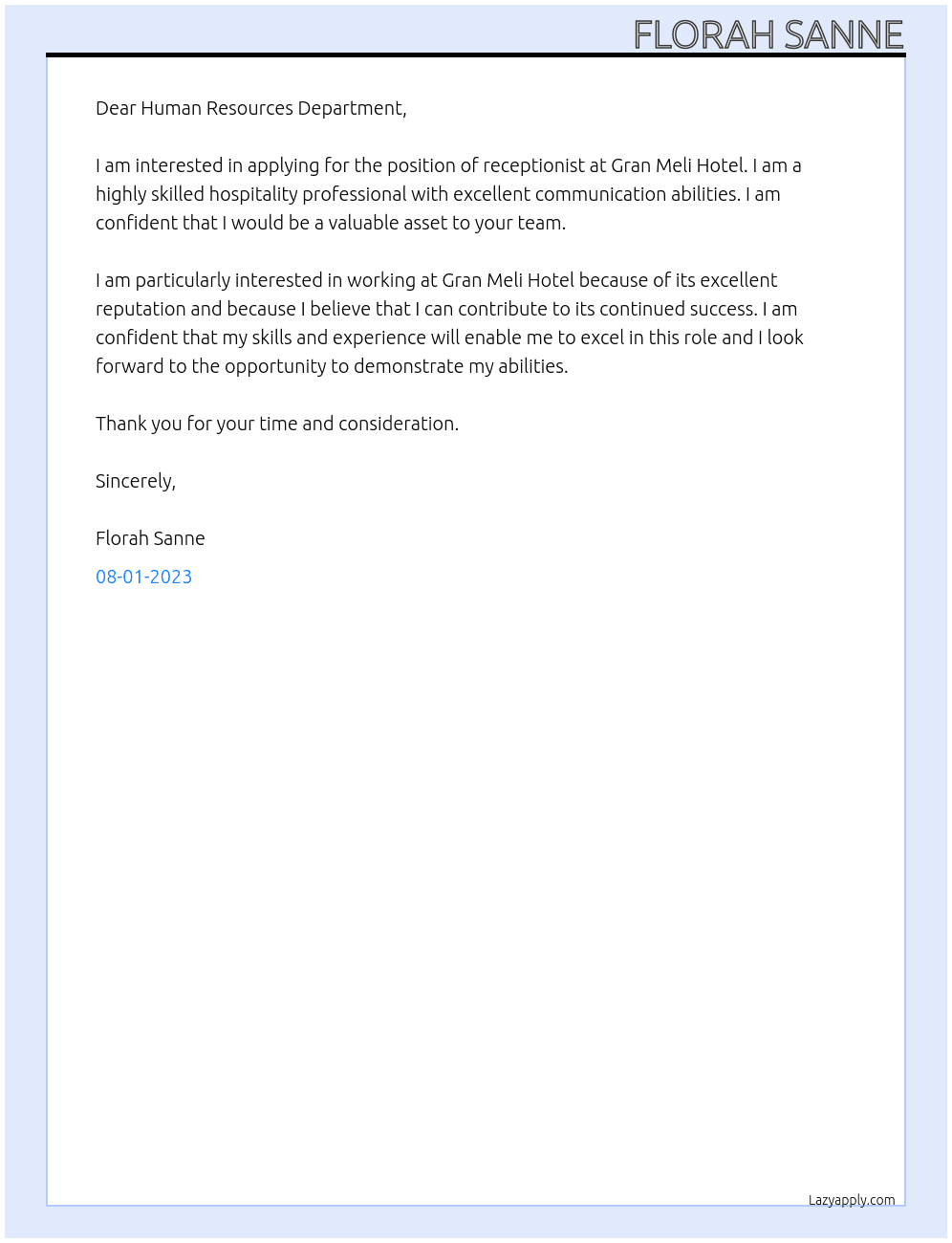 receptionist At Gran Meli Hotel Cover Letter