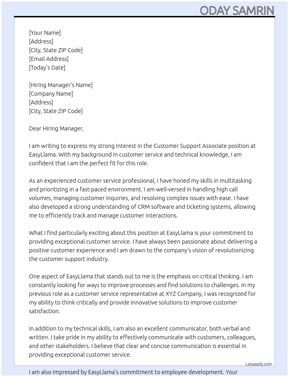 Customer Support Associate At EasyLlama Cover Letter