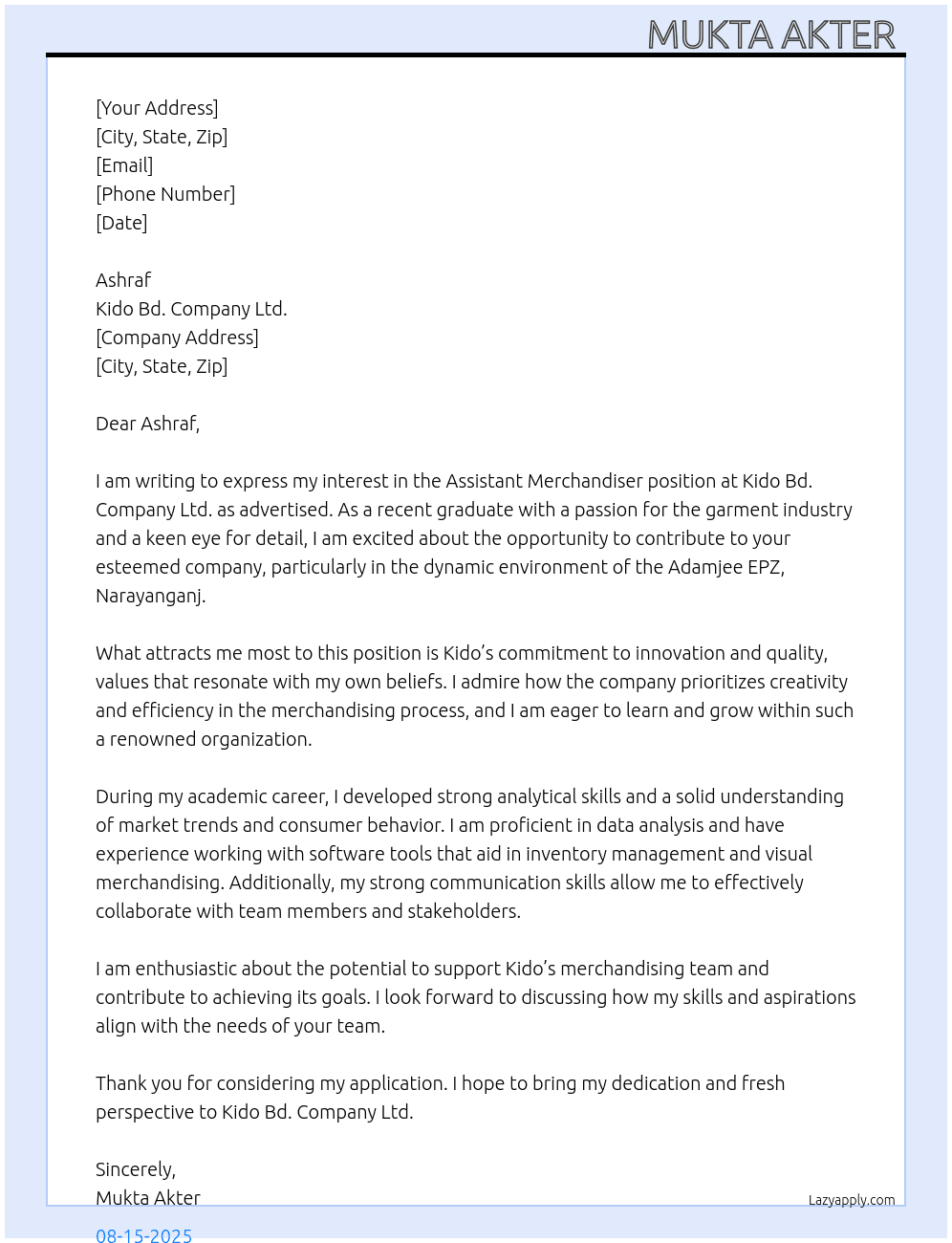 Assistant Merchandiser (Fresher) At Kido Bd. Company Ltd. Cover Letter
