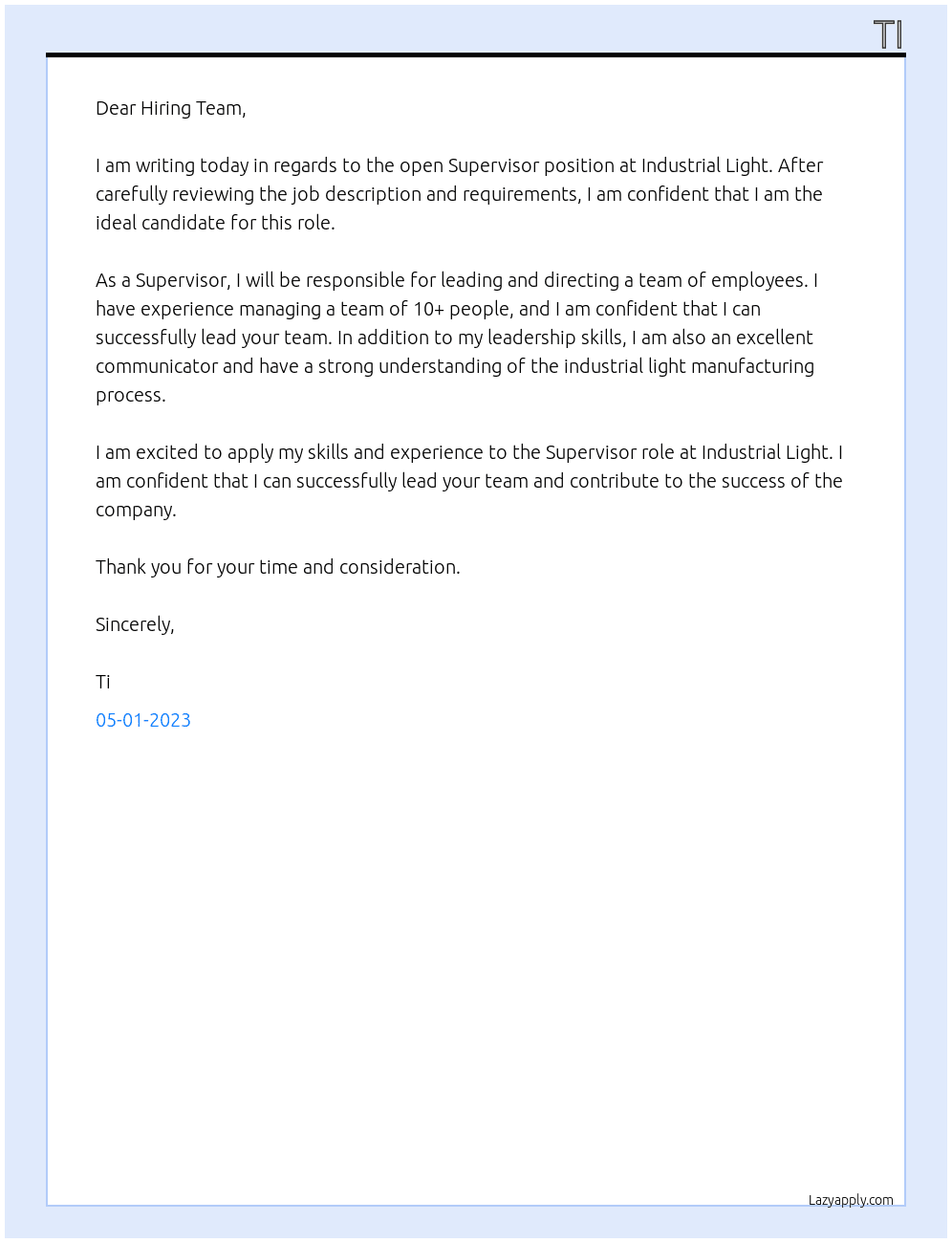 Supervisor At Industrial Light Cover Letter